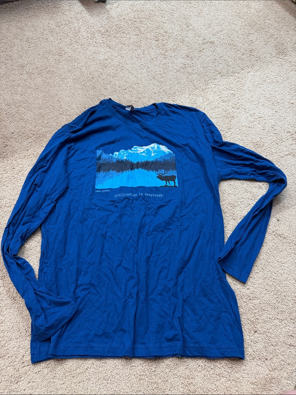 Next Level Apparel Royal Blue Graphic Tee with Mountain and Elk Print